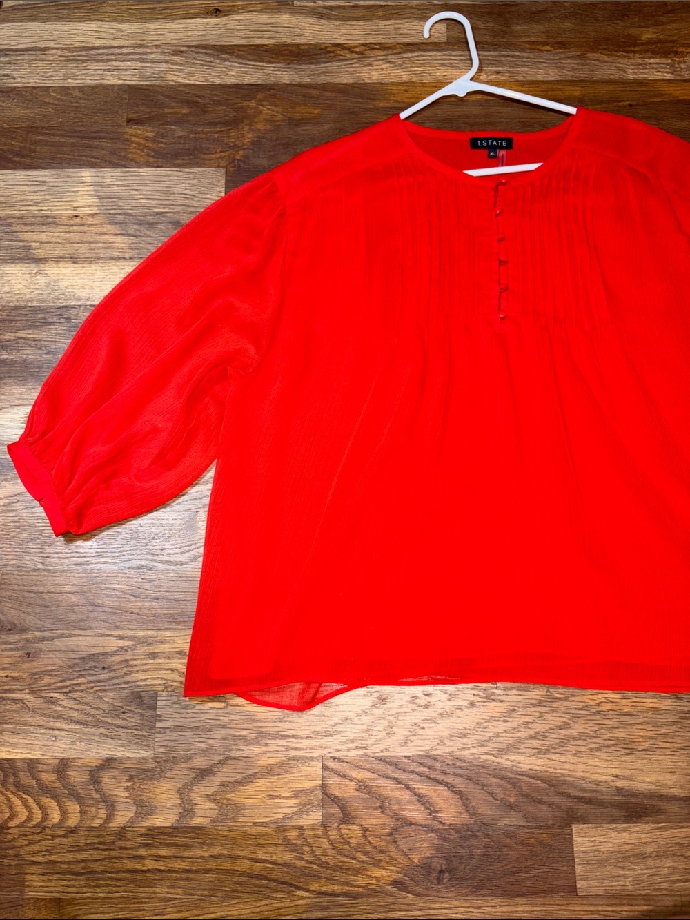 1. STATE Red Pleated Button-Detail Blouse